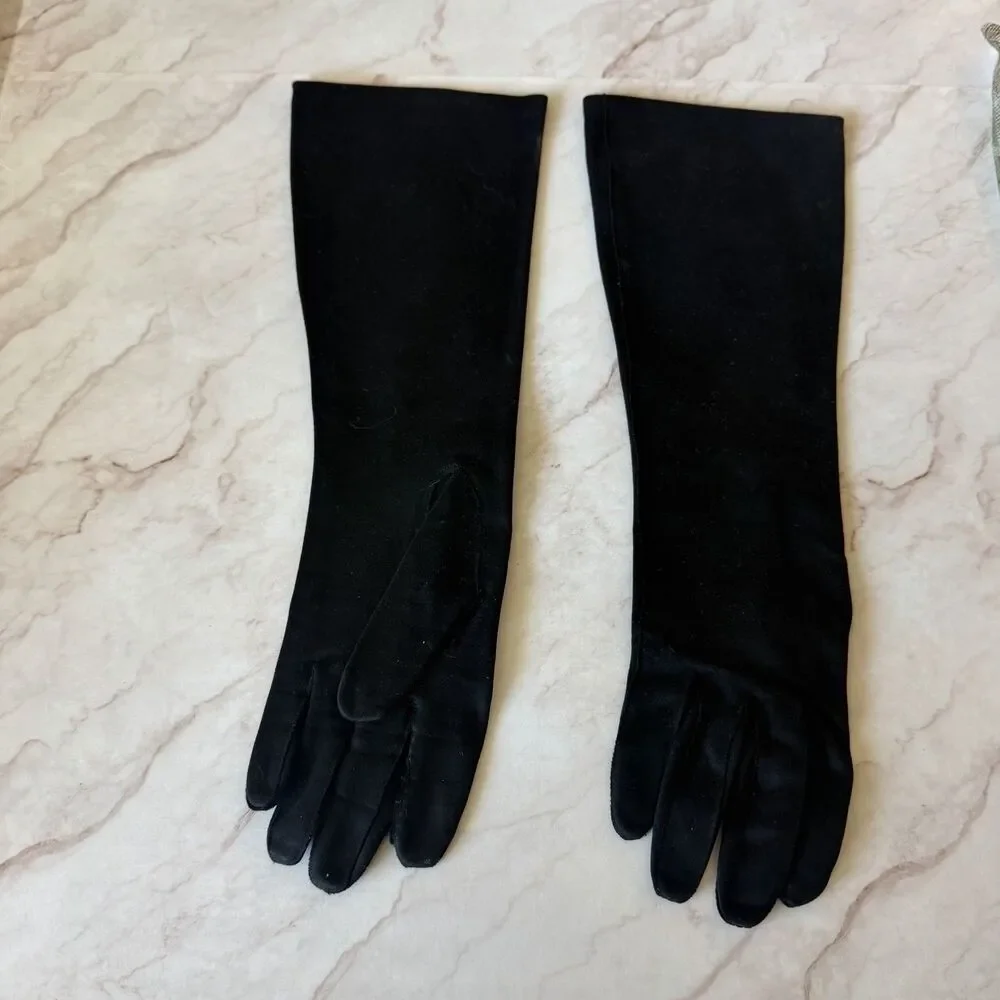 Crescendoe Leather Tailored Black Long Gloves 6.5 Italy Original Bag Vtg 50-60s